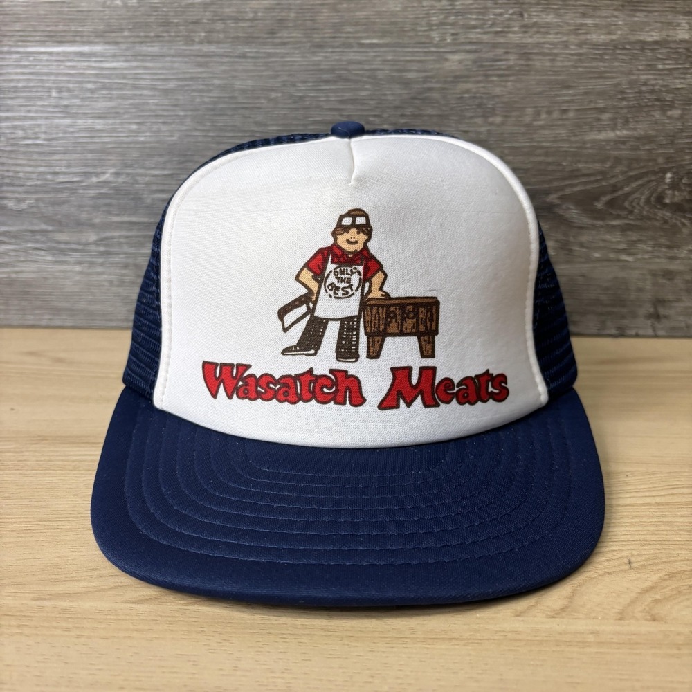 Vintage Wasatch Meats Hat Cap Snap Back Navy White Trucker Mesh